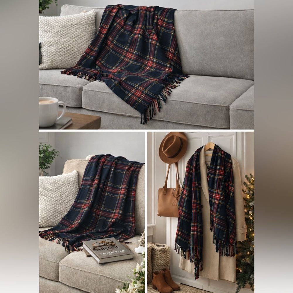 Top It Off Plaid 3-in-1 Wrap Poncho Scarf Shawl Red Navy One Size